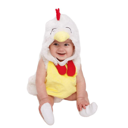 Front view of a plush yellow and red Dress Up America baby rooster costume showing the soft chicken hoody and hook and loop closure design.