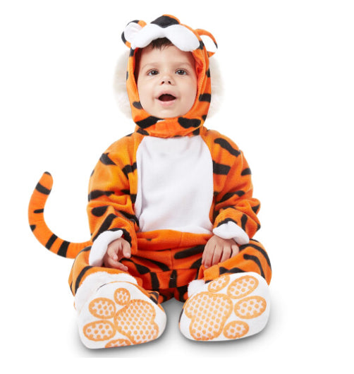 Front view of a plush orange and black striped baby tiger jumpsuit costume with a hood, tail, and non-slip footies displayed against a simple background.