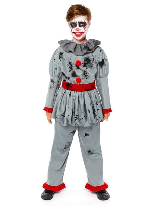 Full-length front shot of a child wearing the Bad Clown Boy costume with distressed sinister circus jumpsuit patterns.