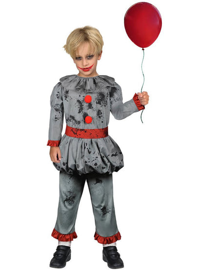 Full-length front shot of a child wearing the Bad Clown Boy costume with distressed sinister circus jumpsuit patterns.