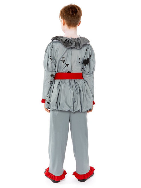 Full-length front shot of a child wearing the Bad Clown Boy costume with distressed sinister circus jumpsuit patterns.
