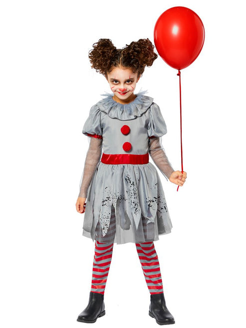 Front view of the Bad Girl Clown costume for children and teens featuring a tattered grey skirt overlay, red pom-poms, and a ruffled neck collar.