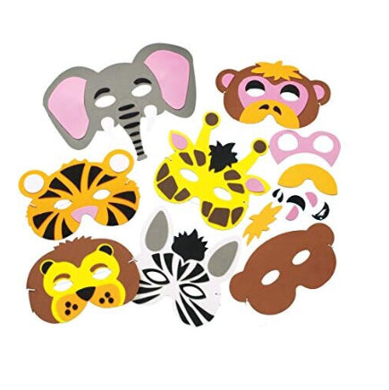 Flat-lay view of six bright Baker Ross foam jungle animal masks including a tiger, elephant, and monkey displayed on a white surface with colorful self-adhesive foam pieces.