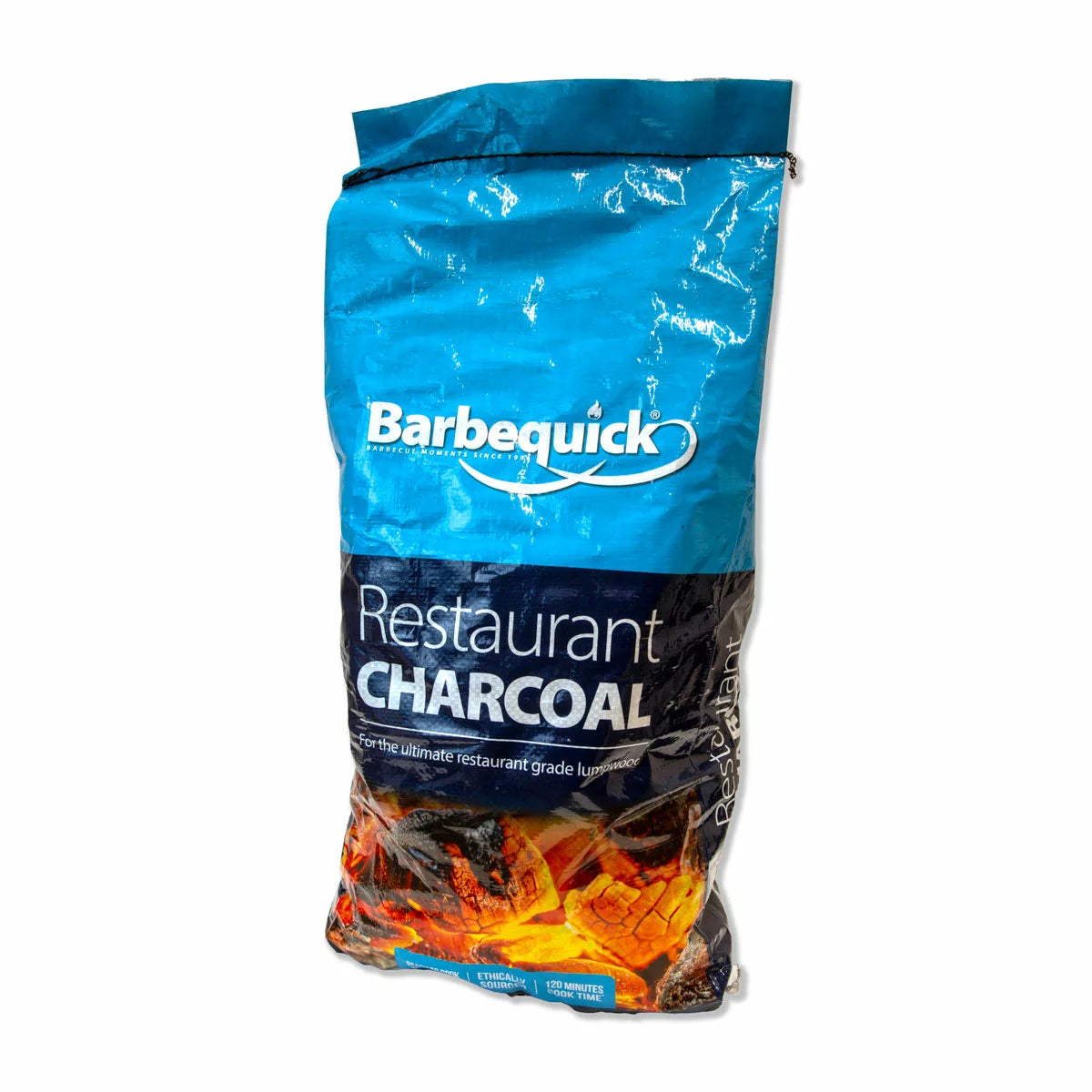 Large 10kg bag of Bar-Be-Quick Restaurant Grade Lumpwood Charcoal with pieces of natural hardwood charcoal displayed.