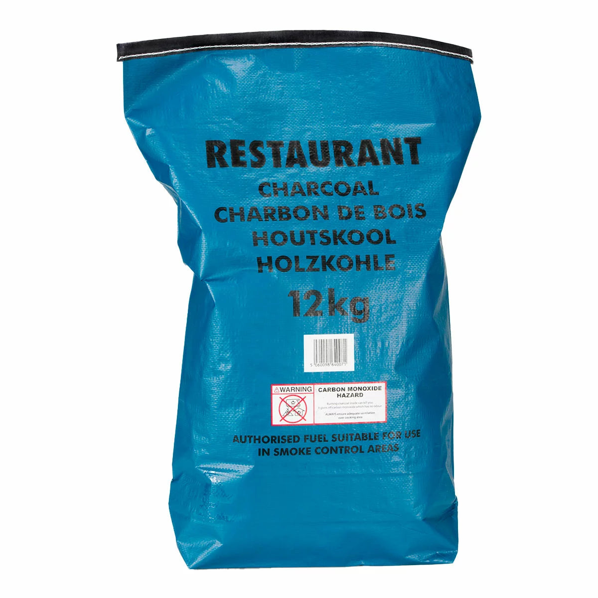 A 12kg bag of Bar-Be-Quick Restaurant Charcoal placed next to a high-end stainless steel professional grill, highlighting the clean, dense texture of the premium charcoal pieces.