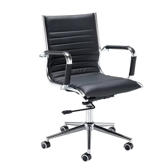 Front three-quarter view of the black-ribbed Bari Medium Back Executive Chair with its chrome 5-star base set against a bright modern home office backdrop.
