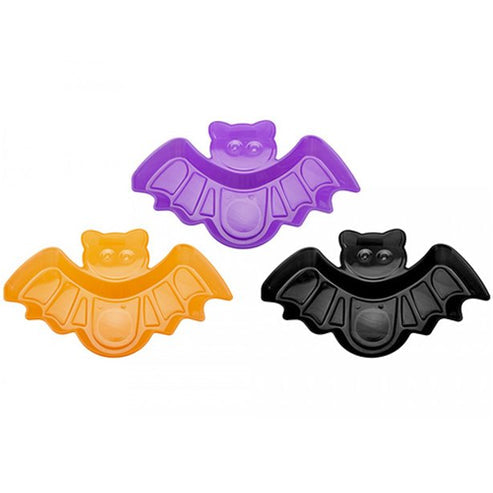 Black, purple, and orange 30cm bat-shaped plastic snack dishes arranged on a wooden Halloween party table.