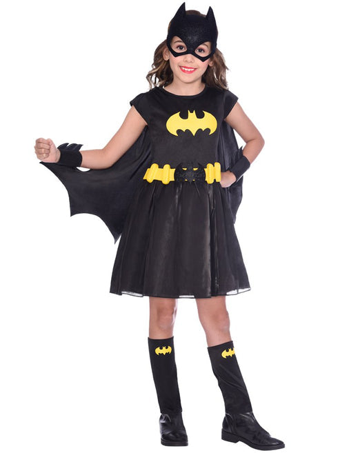 Front view of the Batgirl Classic Child Costume showing the black jumpsuit with a bright yellow bat crest on the chest and matching yellow utility belt against a plain studio background.