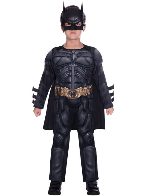 Front view of the Batman Dark Knight Muscle Chest Child Costume featuring a sculpted black chest plate, gold utility belt, sweeping cape, and full mask set against a clean white background.