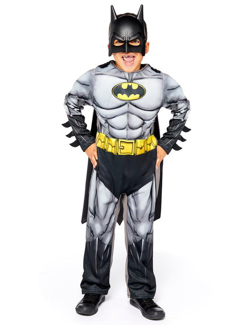 Front view of the kids Batman Muscle Chest Costume featuring molded foam armor torso and attached black cape on a neutral background.
