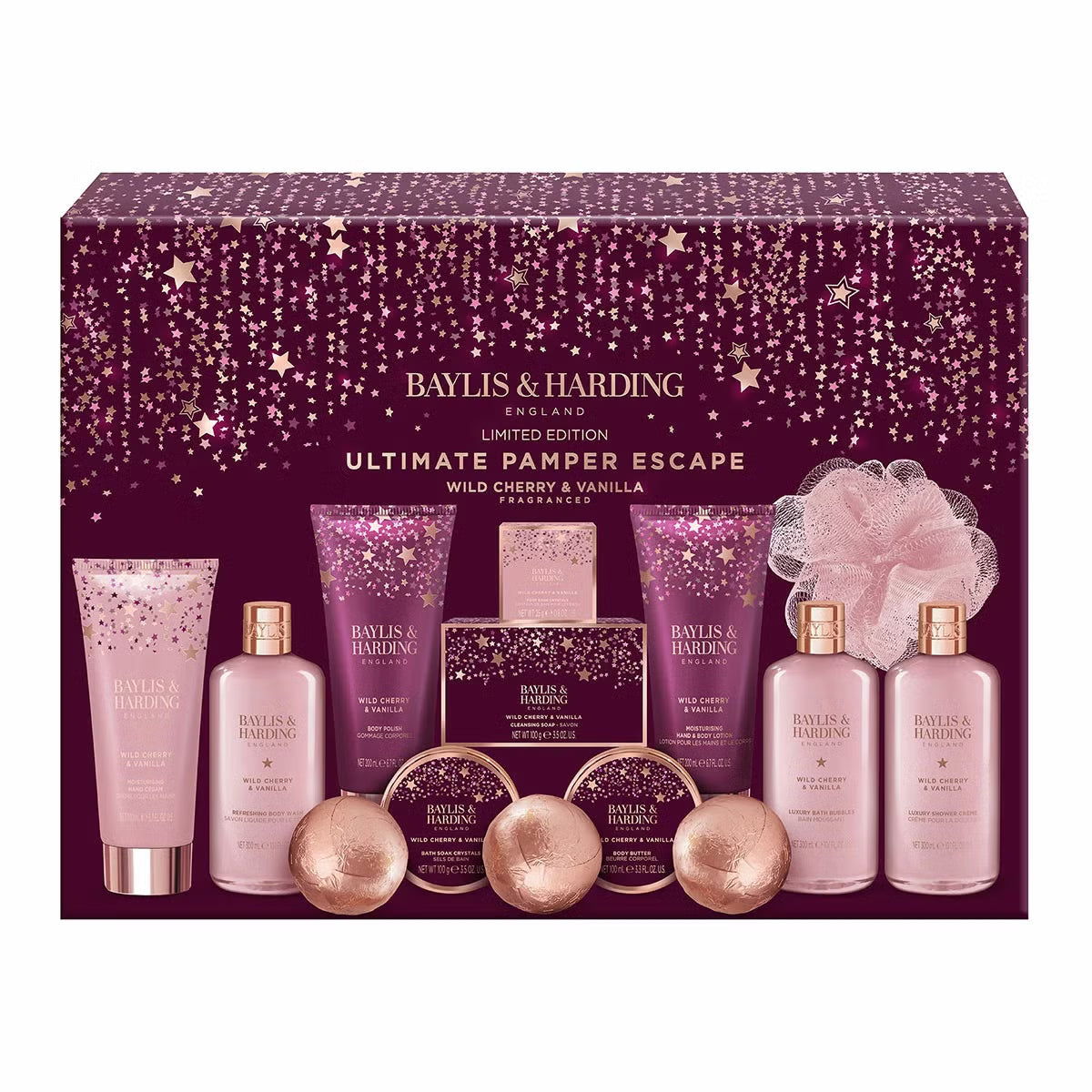 Front view of the Baylis and Harding Wild Cherry and Vanilla Ultimate Pamper Gift Set showing arranged pink bath bottles, creams, bath bombs, and body polisher inside packaging.