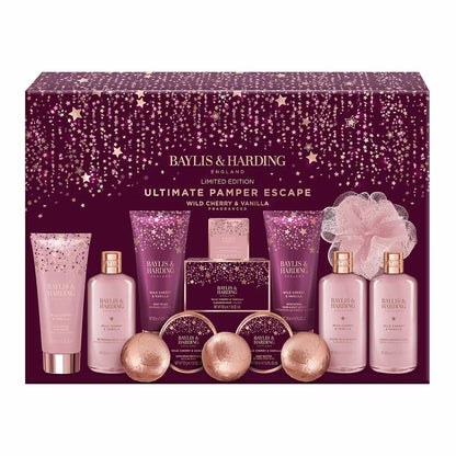 Front view of the Baylis and Harding Wild Cherry and Vanilla Ultimate Pamper Gift Set showing arranged pink bath bottles, creams, bath bombs, and body polisher inside packaging.