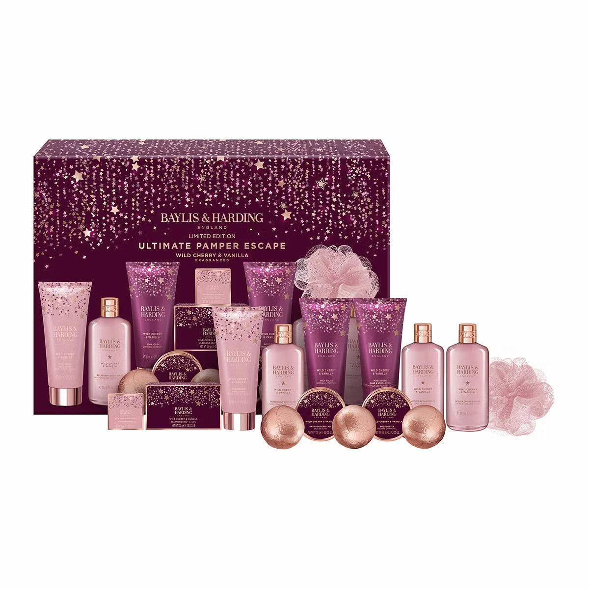 Front view of the Baylis and Harding Wild Cherry and Vanilla Ultimate Pamper Gift Set showing arranged pink bath bottles, creams, bath bombs, and body polisher inside packaging.