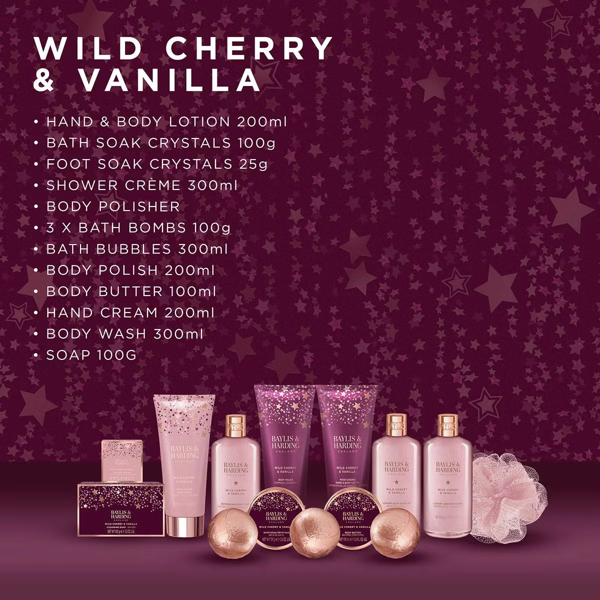 Front view of the Baylis and Harding Wild Cherry and Vanilla Ultimate Pamper Gift Set showing arranged pink bath bottles, creams, bath bombs, and body polisher inside packaging.