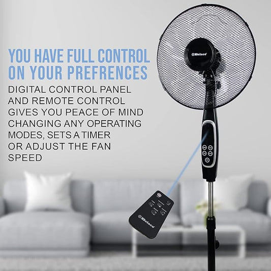Belaco 16 inch oscillating pedestal fan with remote control and digital display in black finishBelaco 16 inch oscillating pedestal fan with remote control and digital display in black finish