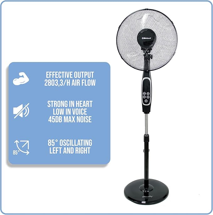 Belaco 16 inch oscillating pedestal fan with remote control and digital display in black finish