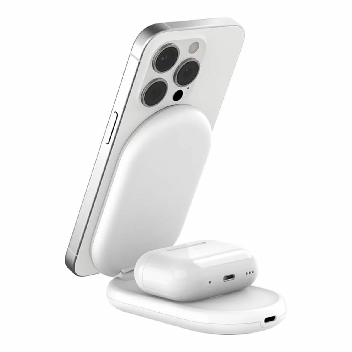 A side angle view of a sleek black Belkin 2-in-1 foldable charging stand holding a smartphone magnetically in landscape mode on a clean desk surface.