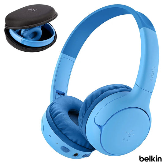 Pair of Belkin Soundform Mini 2 wireless kids headphones in blue and pink resting folded next to their black travel case and audio cable.