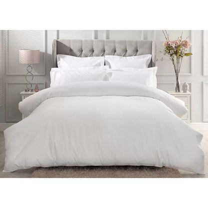 Angle view of the Belledorm 1000 thread count pure Egyptian cotton sateen bedding bundle in crisp white, showing the smooth, lustrous drape of the duvet cover and pillowcases on a made bed.