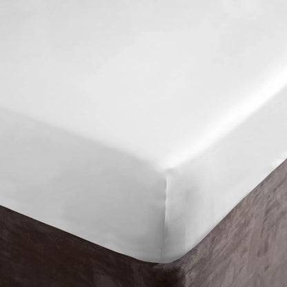 Angle view of the Belledorm 1000 thread count pure Egyptian cotton sateen bedding bundle in crisp white, showing the smooth, lustrous drape of the duvet cover and pillowcases on a made bed.