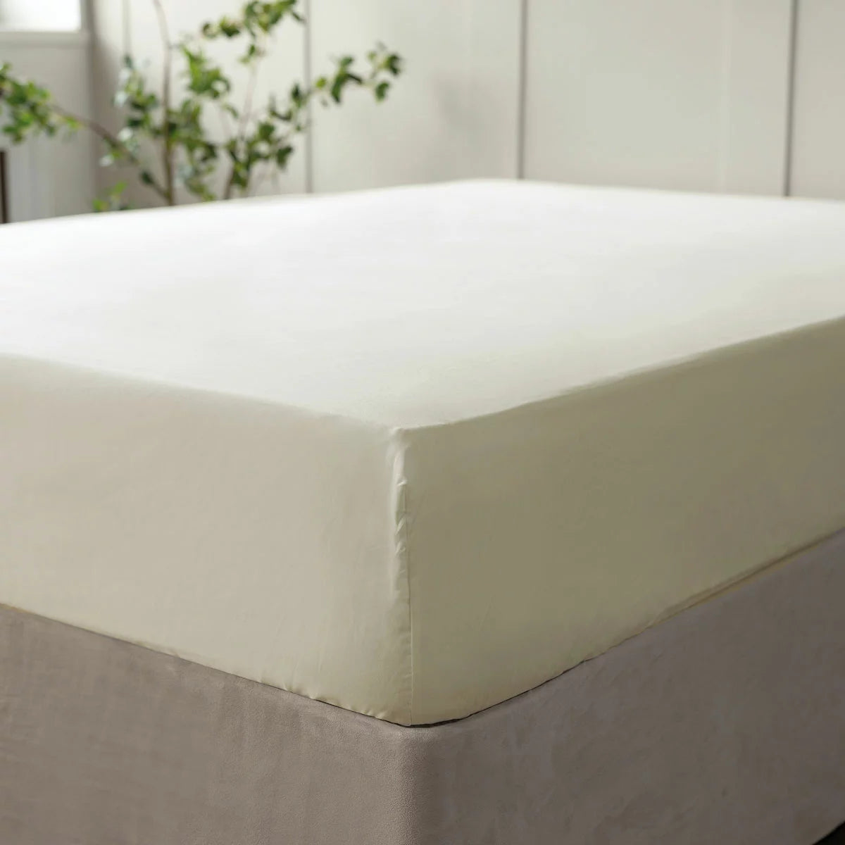 Close-up of smooth ivory Belledorm 600 thread count Egyptian cotton fitted sheet neatly stretched over a deep mattress corner.