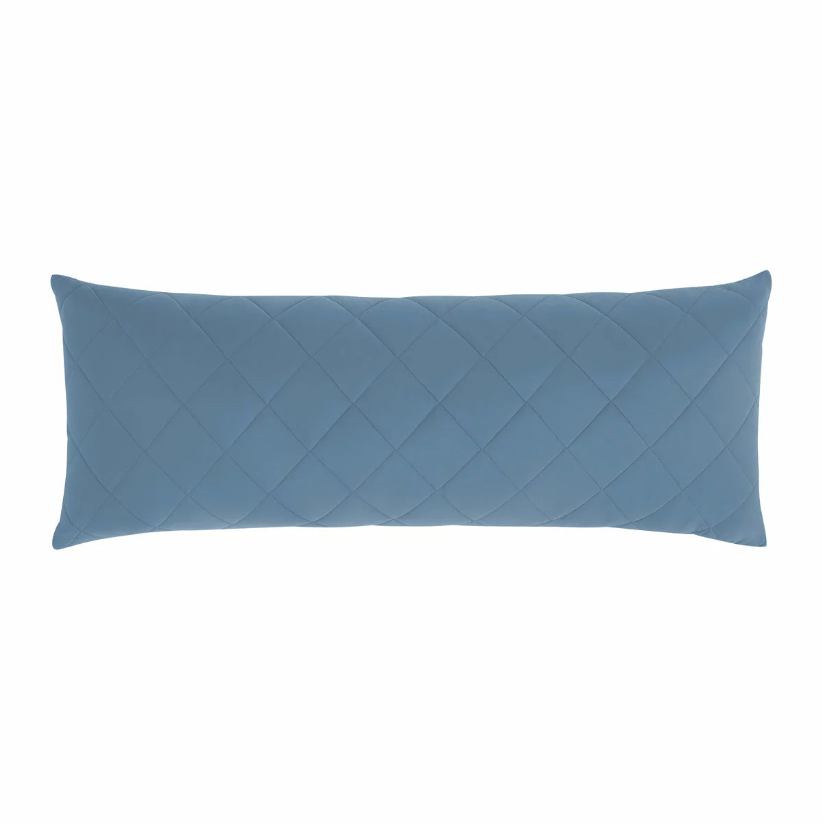 Below Zero cooling body pillow in a soft neutral tone with a textured circular-knit cover resting on a contemporary bed setting.