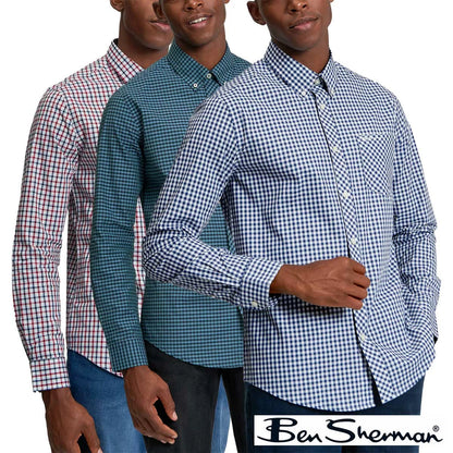 Ben Sherman men's long sleeve green gingham shirt featuring two-finger button-down collar and chest pocket details on flat surface