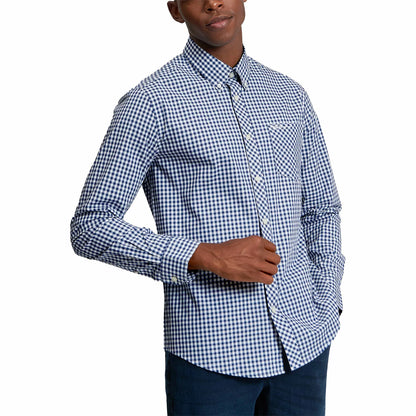 Ben Sherman men's long sleeve green gingham shirt featuring two-finger button-down collar and chest pocket details on flat surface