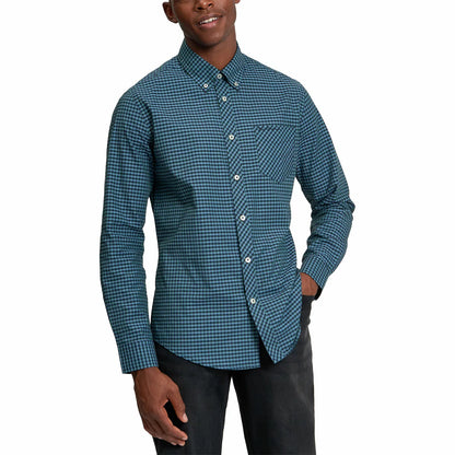 Ben Sherman men's long sleeve green gingham shirt featuring two-finger button-down collar and chest pocket details on flat surface