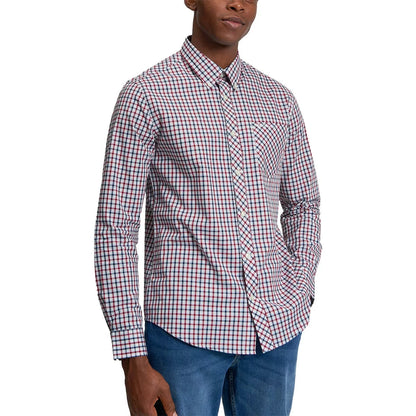 Ben Sherman men's long sleeve green gingham shirt featuring two-finger button-down collar and chest pocket details on flat surfaceBen Sherman men's long sleeve green gingham shirt featuring two-finger button-down collar and chest pocket details on flat surface