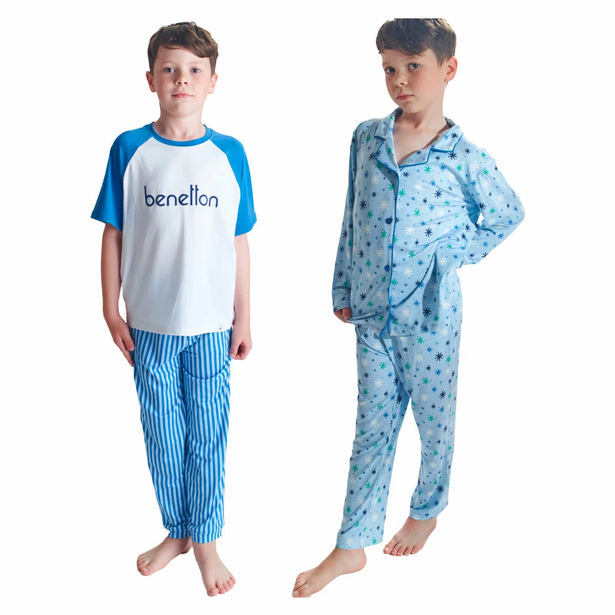 Flat lay view of the United Colours of Benetton Kids 4 Piece Pyjama Set showing vibrant blue, red, and navy printed long-sleeve tops and matching bottoms on a clean white background.