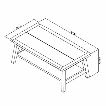 Angle view of the Bentley Designs Camden Coffee Table showing its weathered oak top, brass inlays, and dark peppercorn A-frame legs in a modern living room setting.