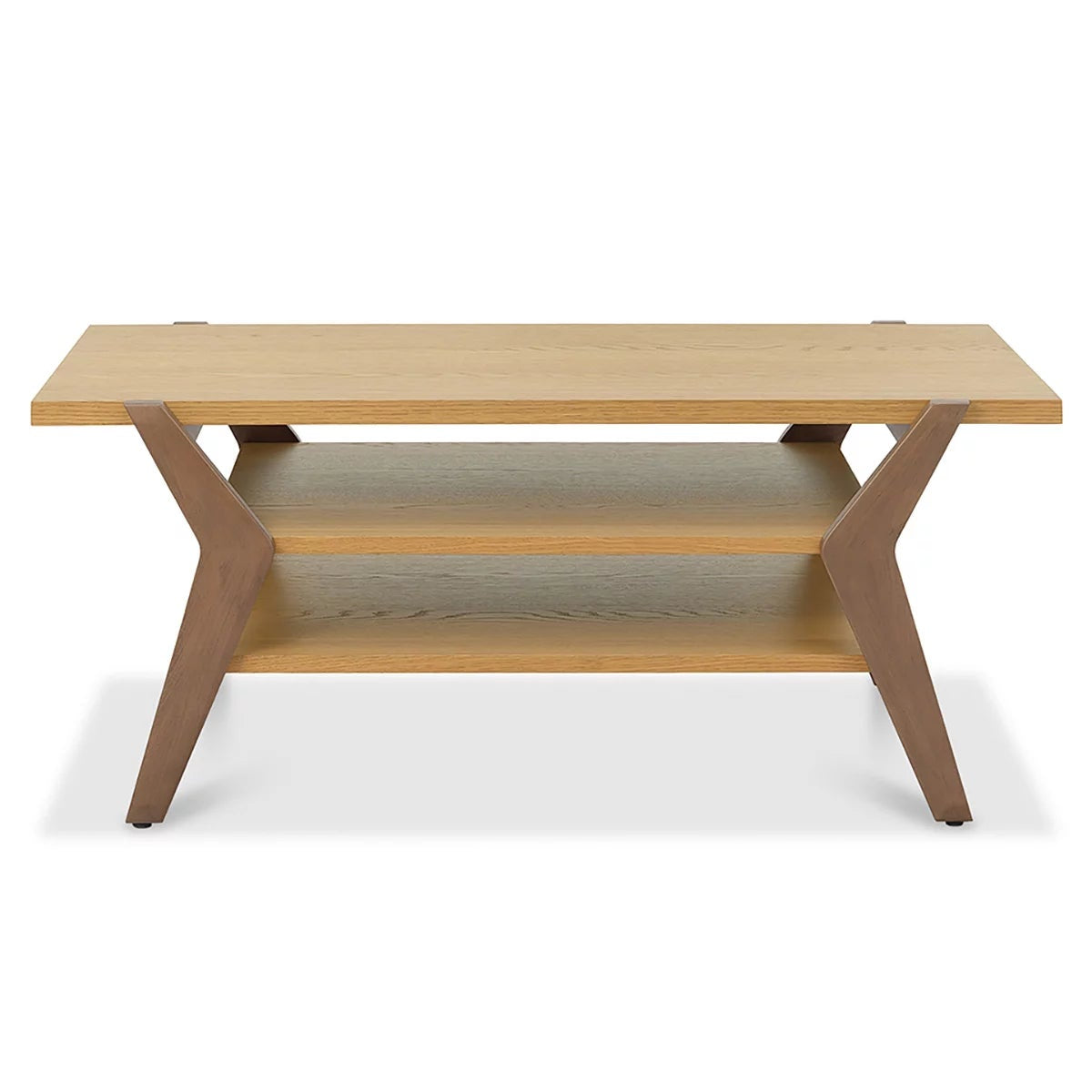 Bentley Designs Kristen light oak oval coffee table featuring a two-tone oak finish, lower open storage shelf, and splayed solid wood legs.