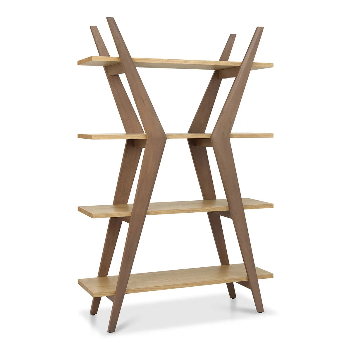 Front angle view of the Bentley Designs Kristen Light Oak Open Display Bookcase showing four open shelves and natural wood grain.