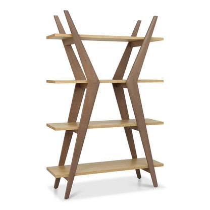 Front angle view of the Bentley Designs Kristen Light Oak Open Display Bookcase showing four open shelves and natural wood grain.