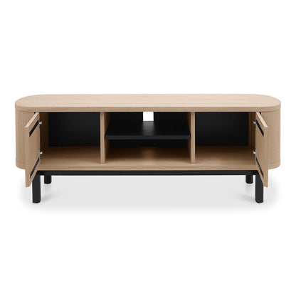 Front angle view of the Bentley Designs Vega Scandi Light Oak TV Entertainment Unit featuring curved doors and a central shelf on a peppercorn base.