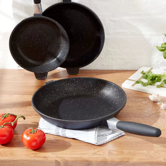 Enjoy healthier cooking with superior non-stick performance. Durable Eurocast construction, easy food release, and versatile 3-piece frying pan set for everyday cooking.