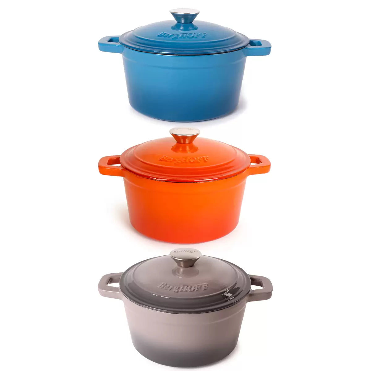 A sophisticated, dark-enameled BergHOFF Neo 20cm cast iron stockpot sitting on a modern kitchen stove.