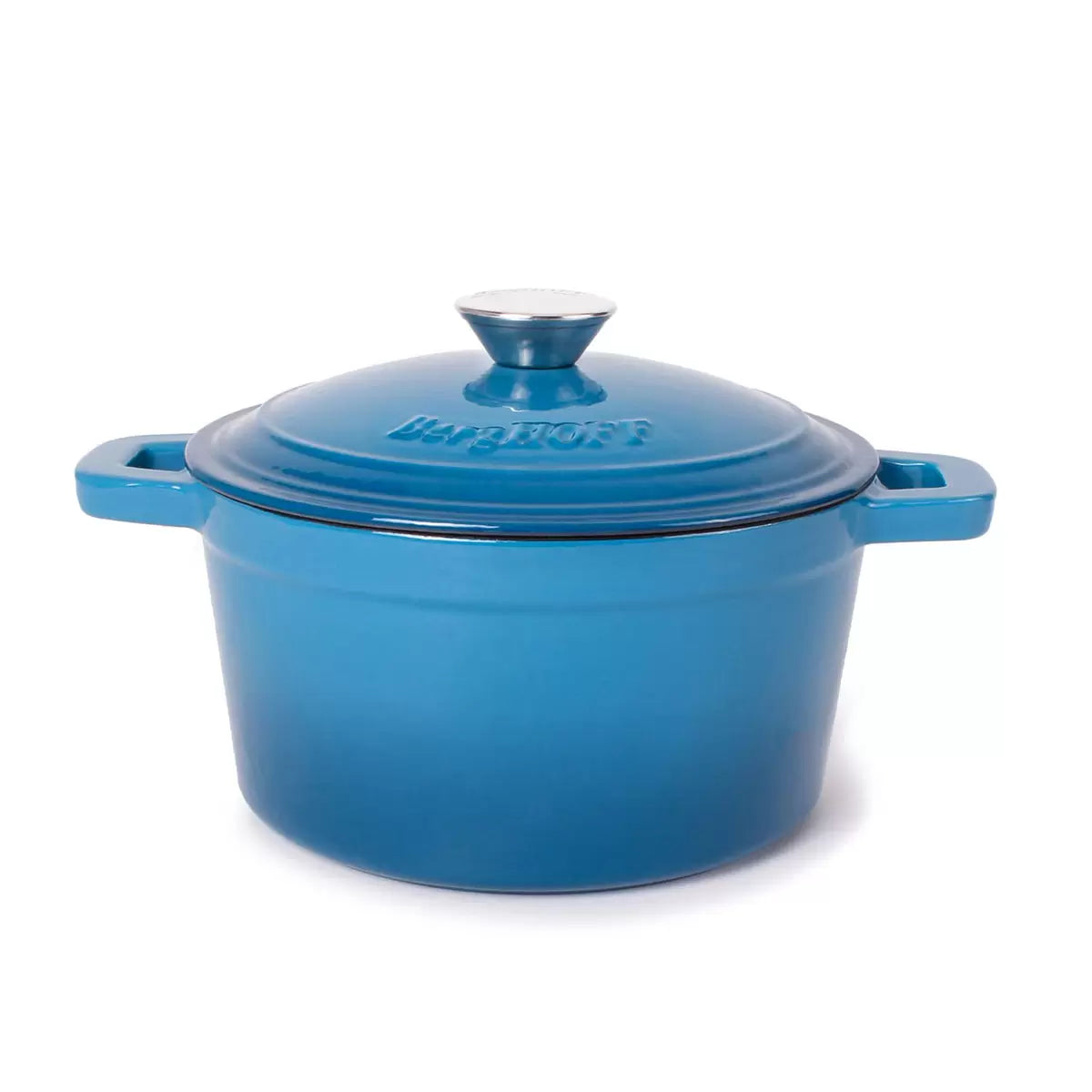A sophisticated, dark-enameled BergHOFF Neo 20cm cast iron stockpot sitting on a modern kitchen stove.