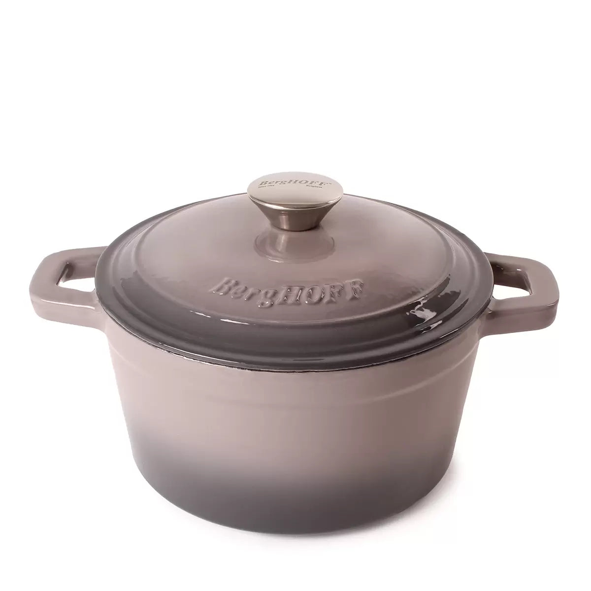 A sophisticated, dark-enameled BergHOFF Neo 20cm cast iron stockpot sitting on a modern kitchen stove.
