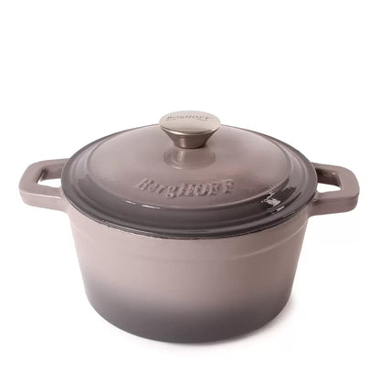 A sophisticated, dark-enameled BergHOFF Neo 20cm cast iron stockpot sitting on a modern kitchen stove.