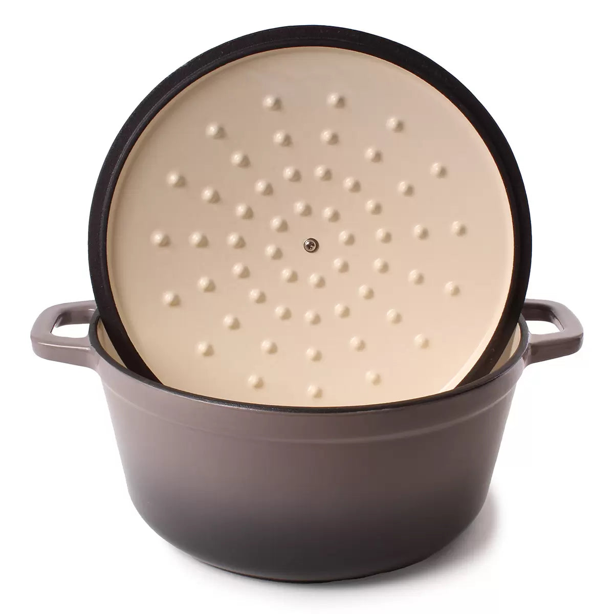 A sophisticated, dark-enameled BergHOFF Neo 20cm cast iron stockpot sitting on a modern kitchen stove.