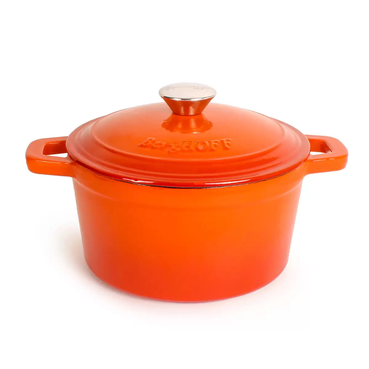 A sophisticated, dark-enameled BergHOFF Neo 20cm cast iron stockpot sitting on a modern kitchen stove.