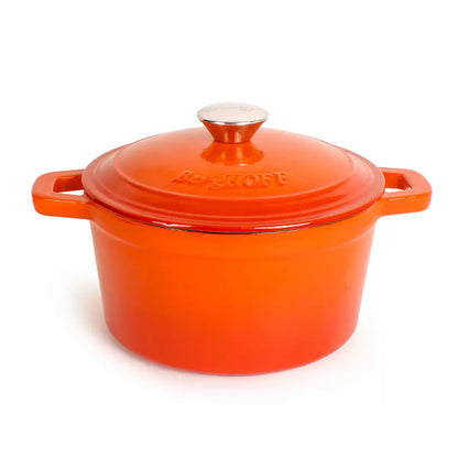 A sophisticated, dark-enameled BergHOFF Neo 20cm cast iron stockpot sitting on a modern kitchen stove.