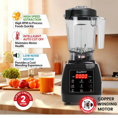 The BergHOFF X7 Elite blender with its large 2L jug and tamper stick positioned on a sleek kitchen worktop, displaying its modern, streamlined control interface.