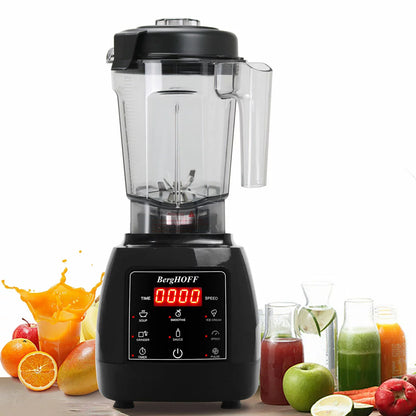 The BergHOFF X7 Elite blender with its large 2L jug and tamper stick positioned on a sleek kitchen worktop, displaying its modern, streamlined control interface.