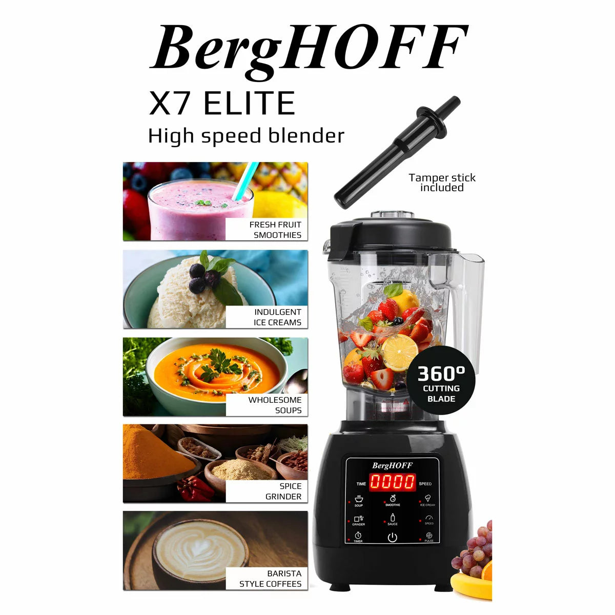 The BergHOFF X7 Elite blender with its large 2L jug and tamper stick positioned on a sleek kitchen worktop, displaying its modern, streamlined control interface.