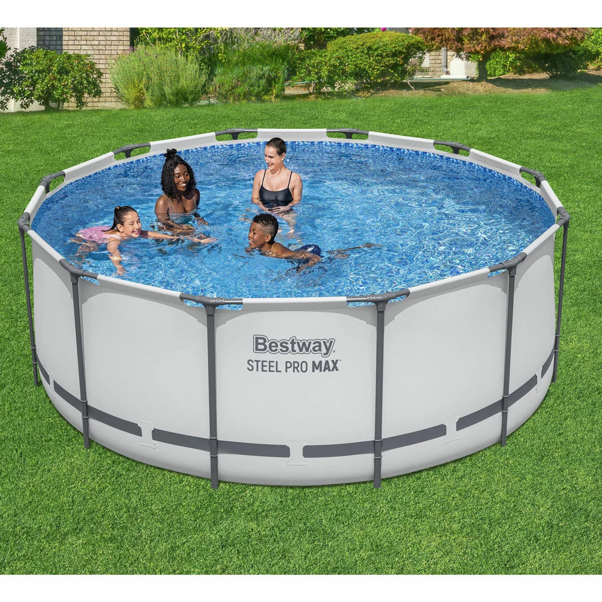 Bestway 12ft round Steel Pro Max above ground swimming pool with reinforced blue liner, steel frame, safety ladder, filter pump, and protective cover in a sunny family garden-2