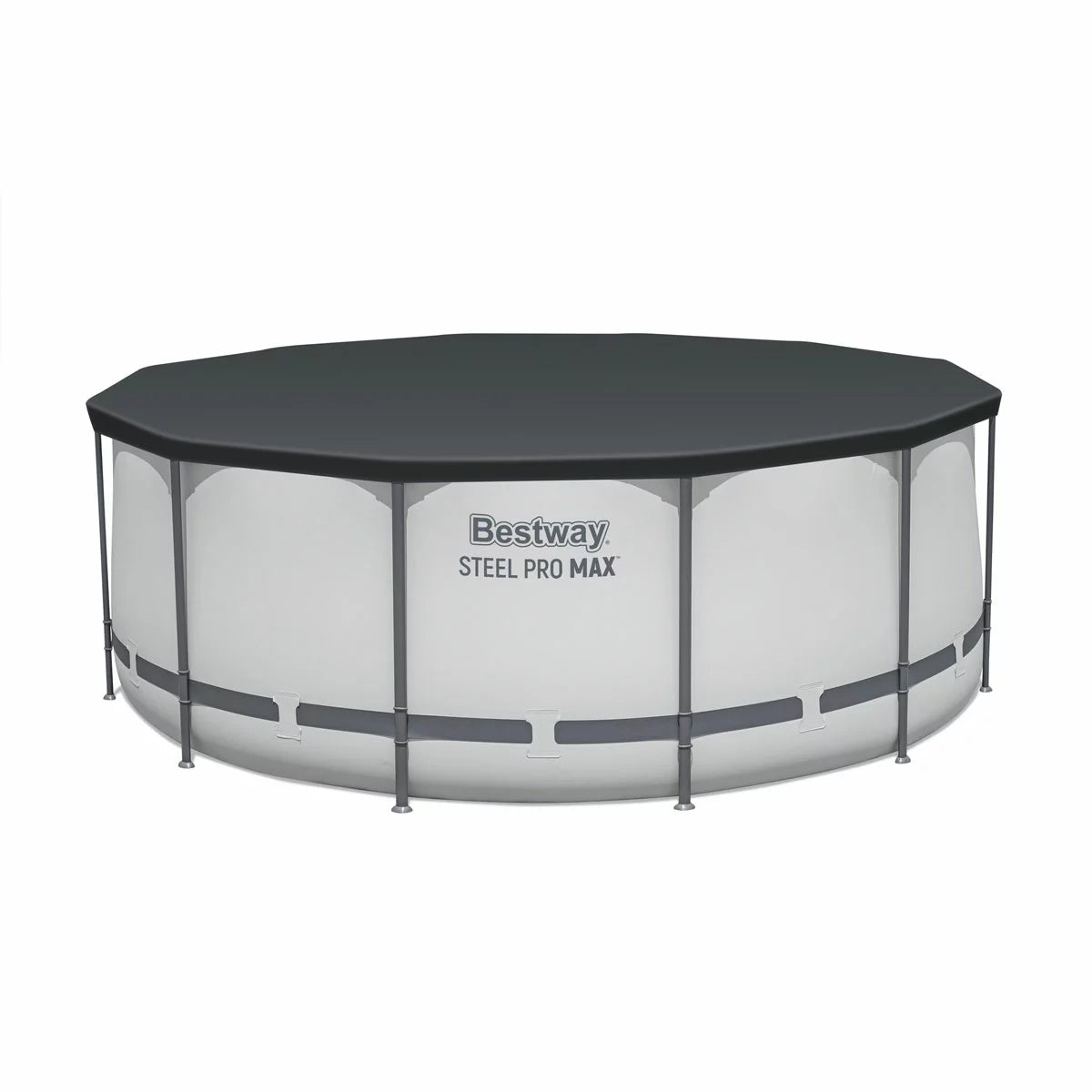 Bestway 12ft round Steel Pro Max above ground swimming pool with reinforced blue liner, steel frame, safety ladder, filter pump, and protective cover in a sunny family garden-3