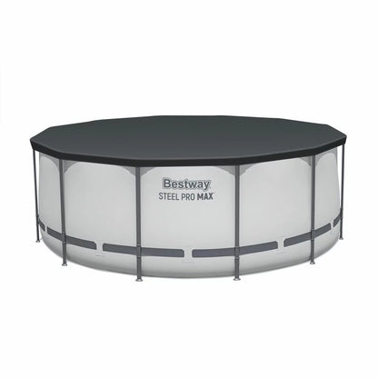 Bestway 12ft round Steel Pro Max above ground swimming pool with reinforced blue liner, steel frame, safety ladder, filter pump, and protective cover in a sunny family garden-3
